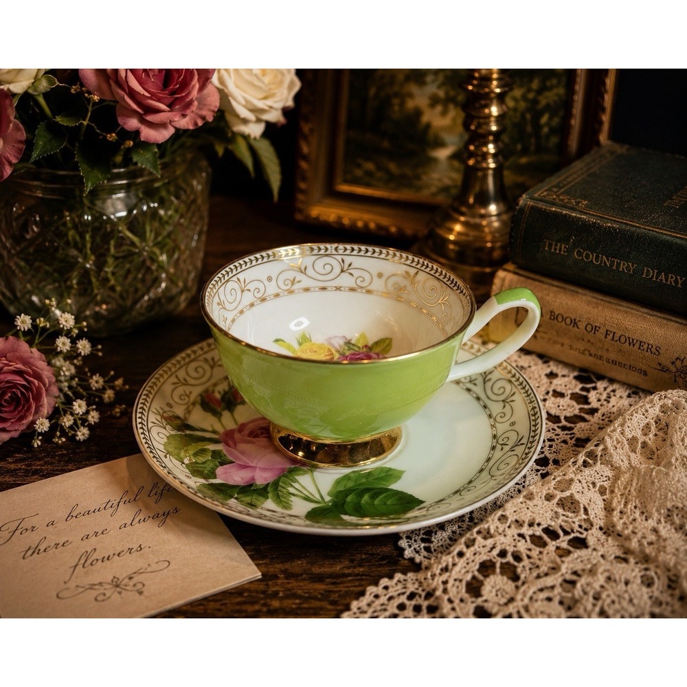 Grace's Teaware Green Rose Bone China Tea Cup & Saucer Set Gold Trim Floral